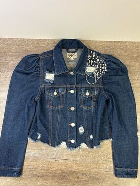 Denim BLVD Los Angeles Embellished Puff Sleeve Distressed Cropped Denim Jacket S